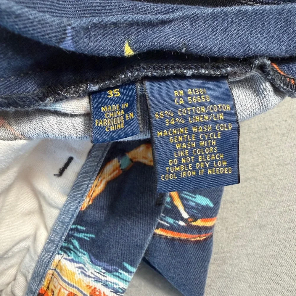 Polo Ralph Lauren Mens Navy Nautical Boat Swimmer Print Cotton Linen Shorts 35